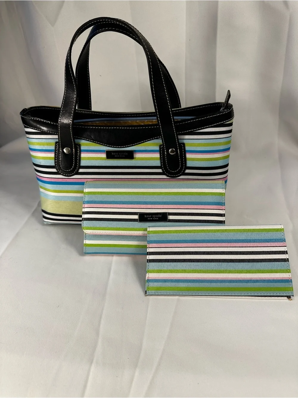 3piece Vintage kate spade Multicolor Stripe Tote w/ Wallet and checkbook holder